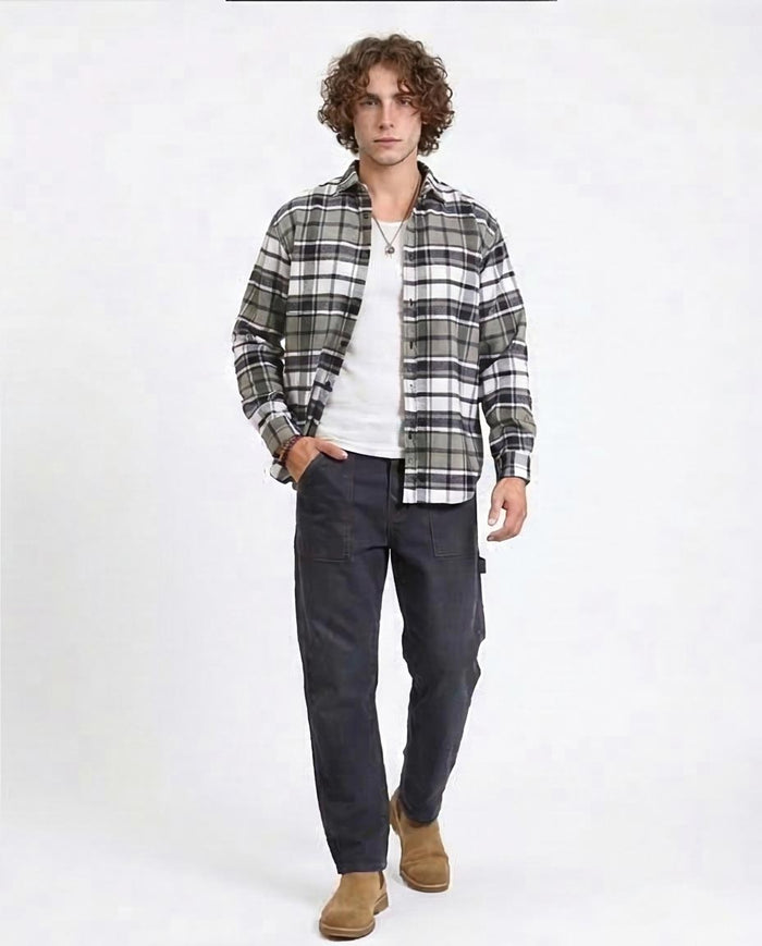 R213202 - Long Sleeves Casual Tartan Shirt - Olive & White