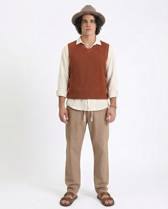 R213322 - Slip On Comfy Pants with Elastic Waist - Light Brown