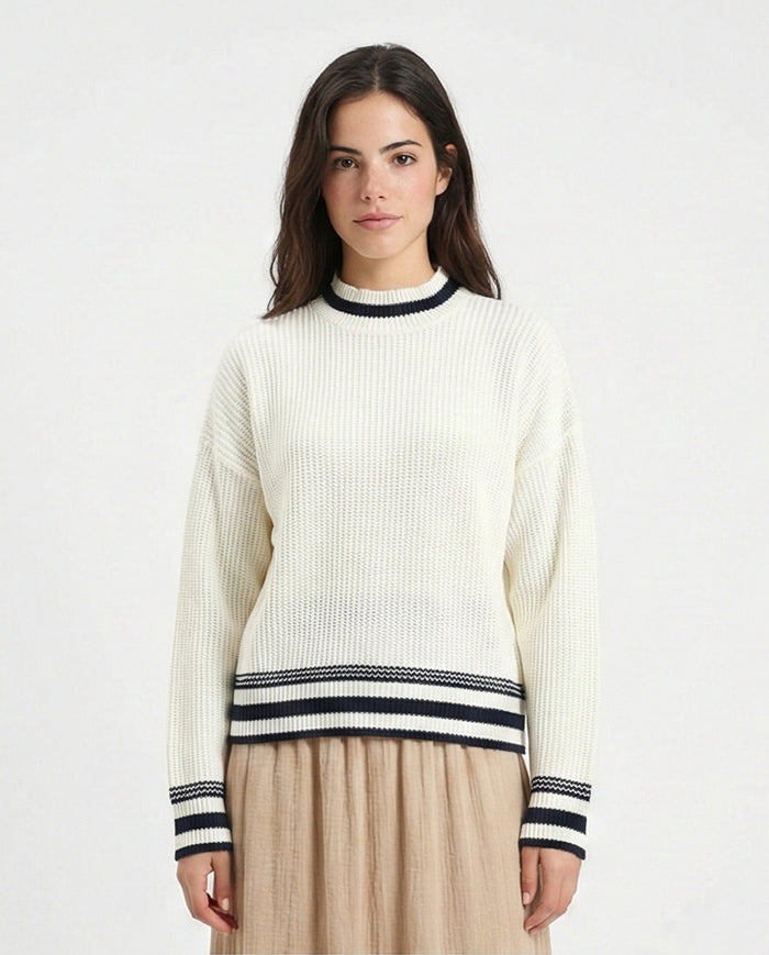 Lined Mock Neck Knitted Pullover - Off-White