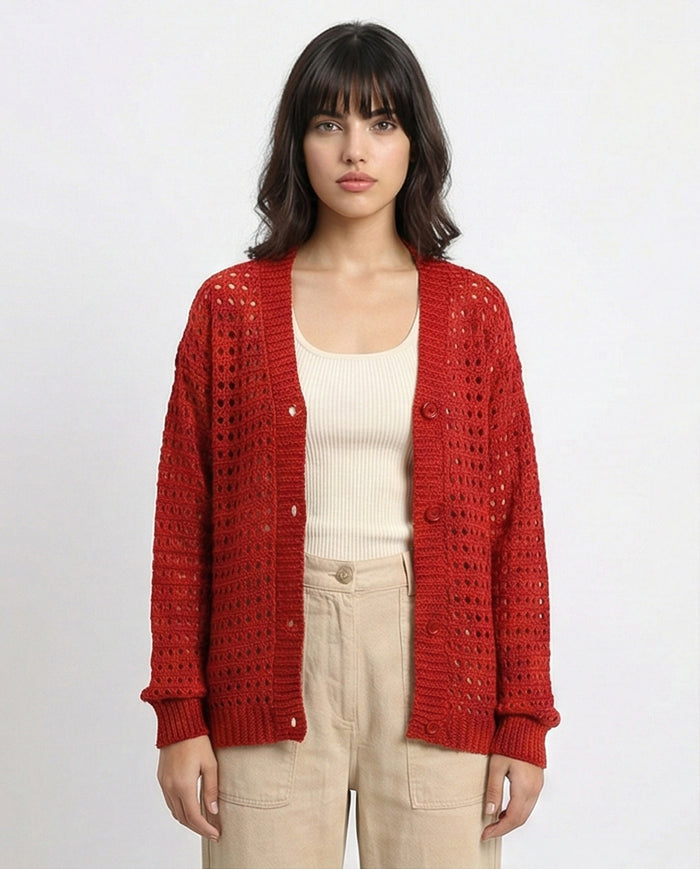 Long Sleeves Buttoned Perforated Cardigan - Rust Red