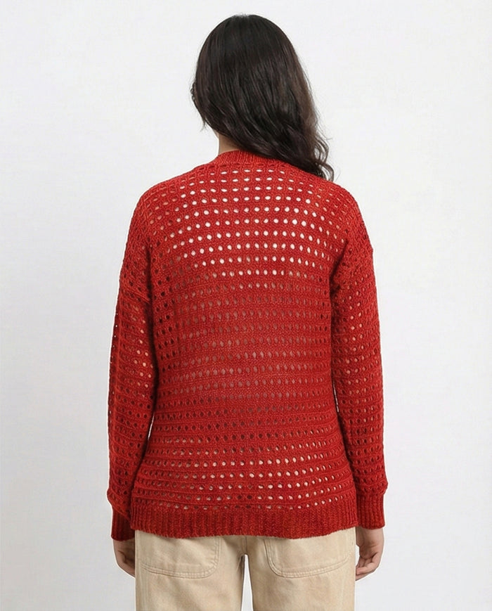 R213647 - Long Sleeves Buttoned Perforated Cardigan - Rust Red