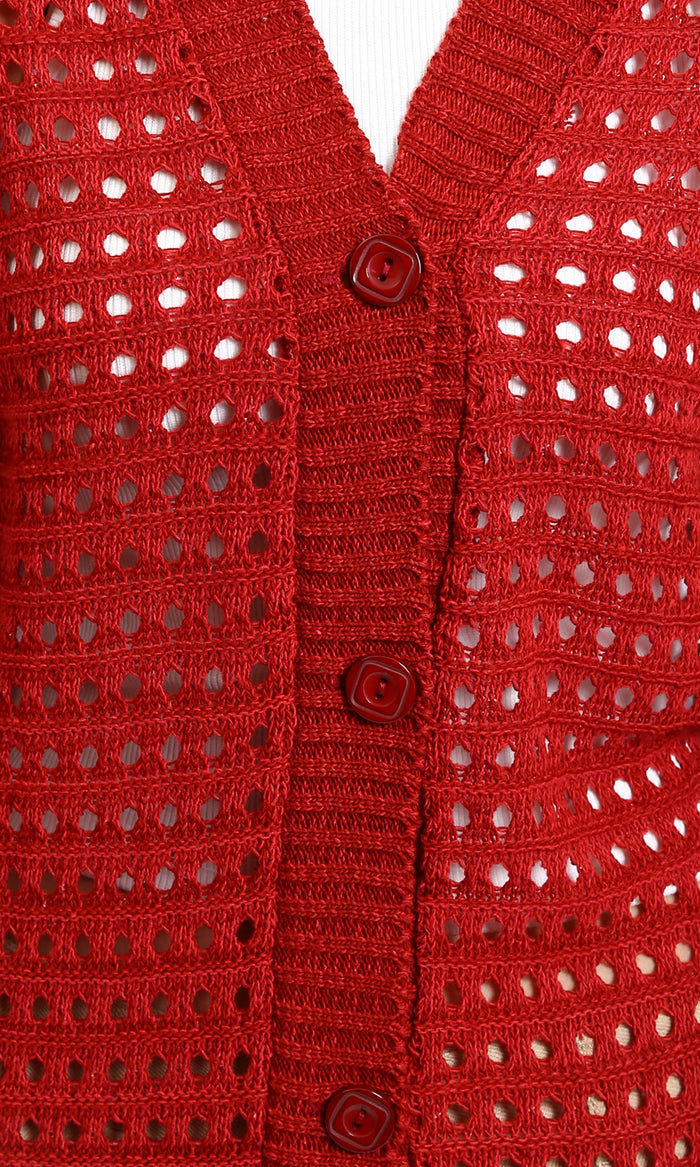 R213647 - Long Sleeves Buttoned Perforated Cardigan - Rust Red