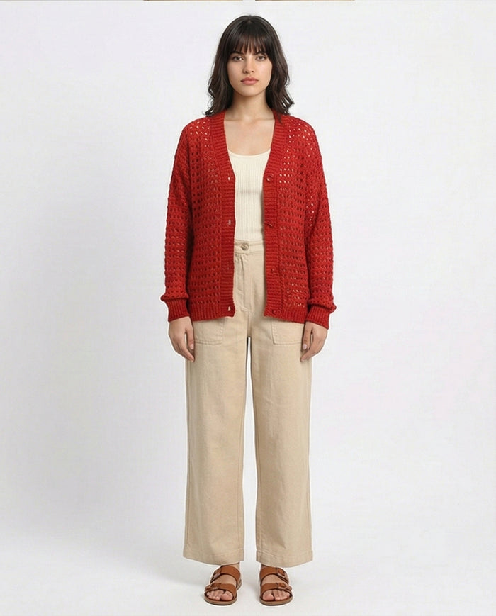 R213647 - Long Sleeves Buttoned Perforated Cardigan - Rust Red