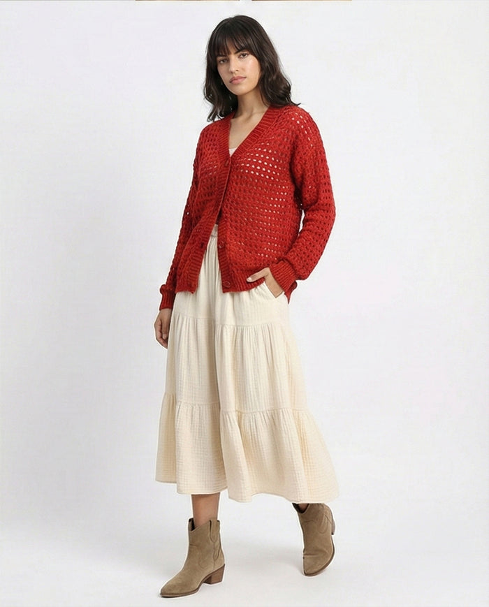 R213647 - Long Sleeves Buttoned Perforated Cardigan - Rust Red
