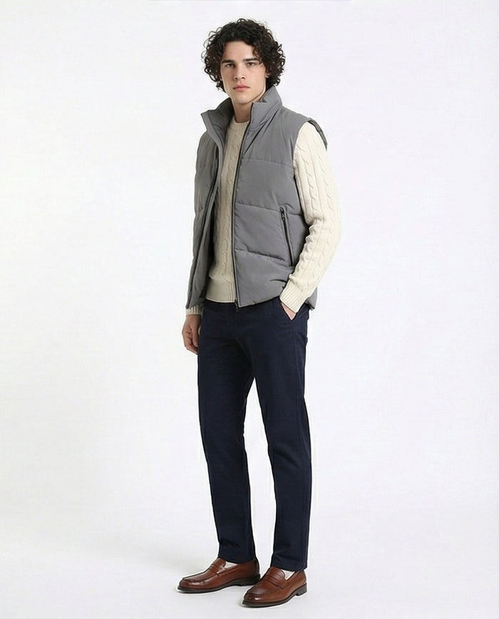 R214180 - Stand Collar Solid Puffer Vest - Medium Grey