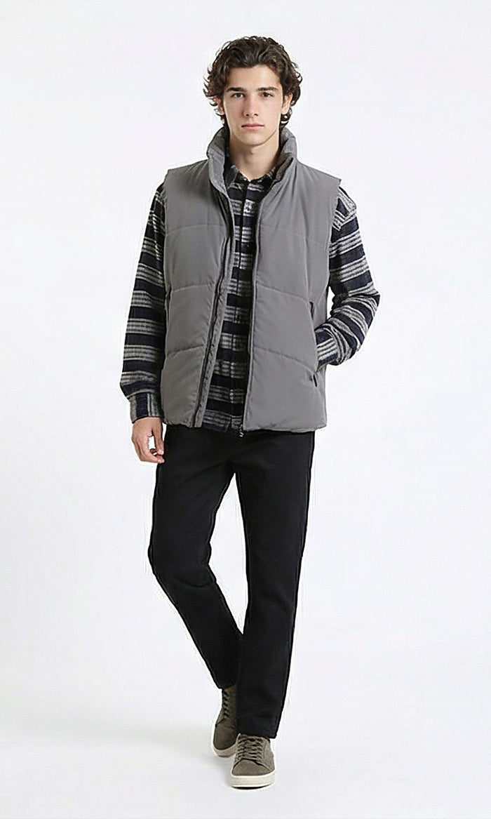 R214180 - Stand Collar Solid Puffer Vest - Medium Grey