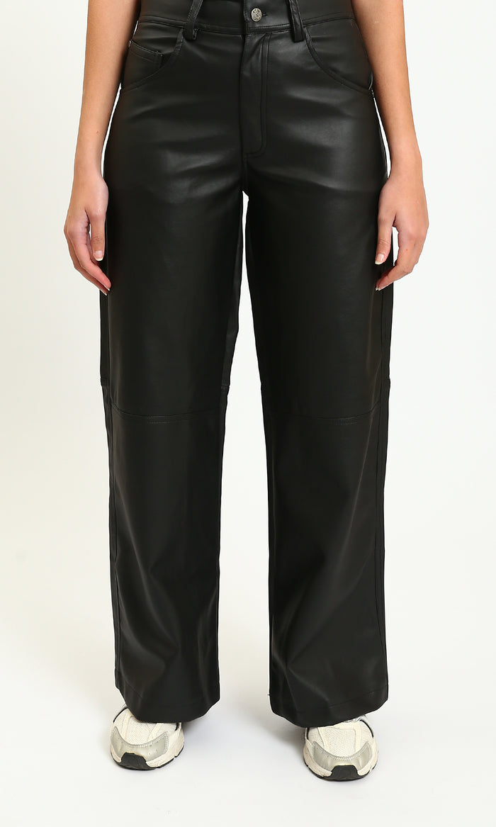 Wide-Leg Solid Leather Pants - Black