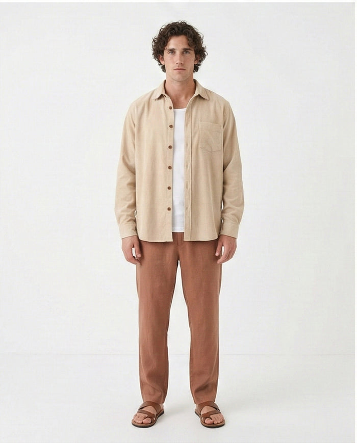 R214896 - Buttons Down Suede Long Sleeve Shirt - Beige