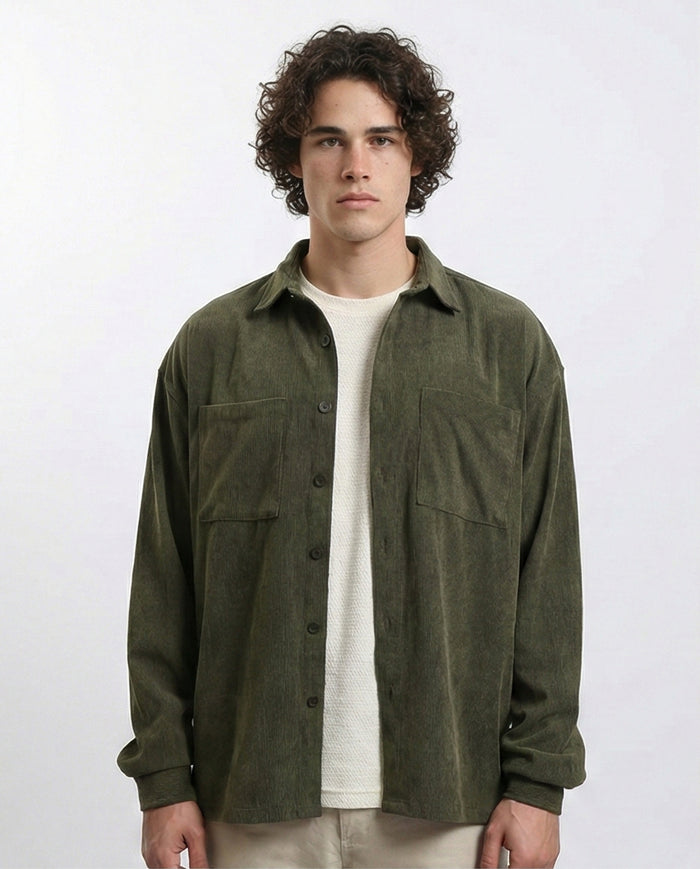 Long Sleeve Casual Corduroy Winter Shirt - Dark Khaki