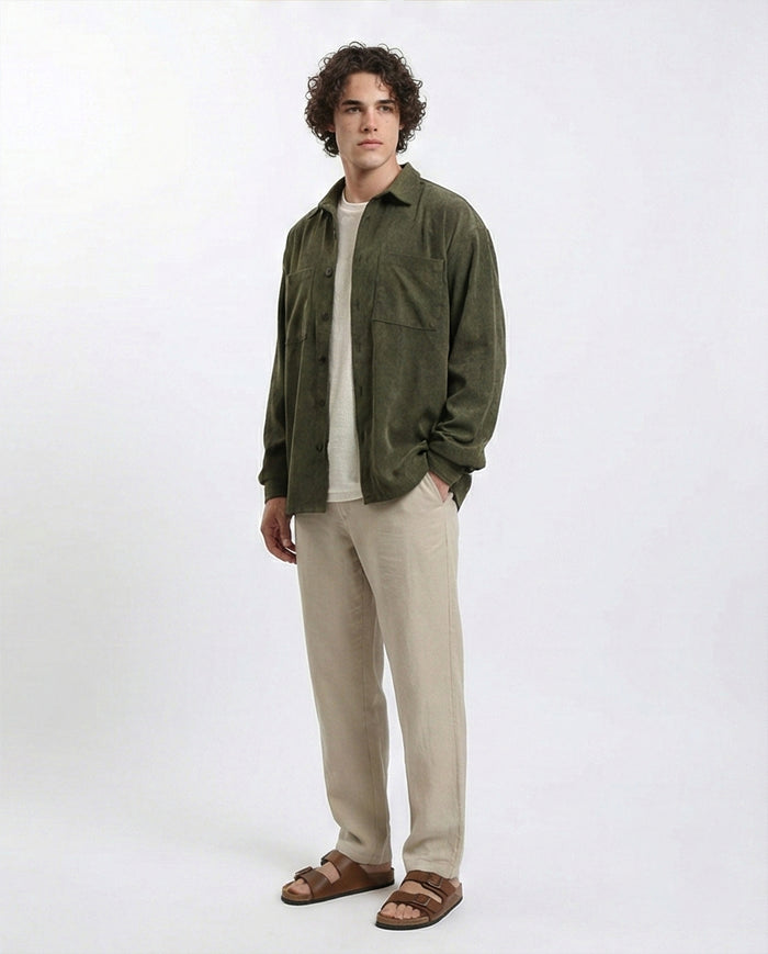 R214900 - Long Sleeve Casual Corduroy Winter Shirt - Dark Khaki
