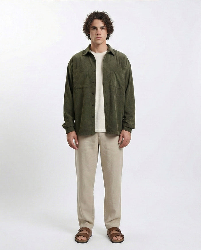 R214900 - Long Sleeve Casual Corduroy Winter Shirt - Dark Khaki