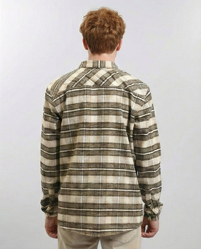 R215009 - Buttons Down Checkered Long Sleeve Shirt - Beige & Black