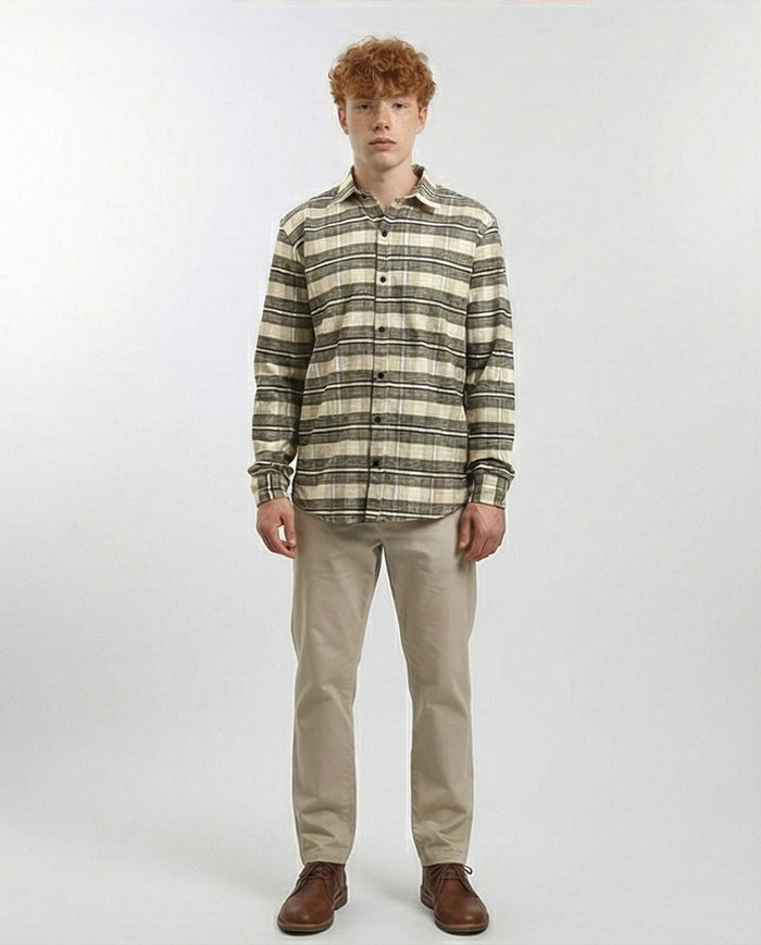 R215009 - Buttons Down Checkered Long Sleeve Shirt - Beige & Black