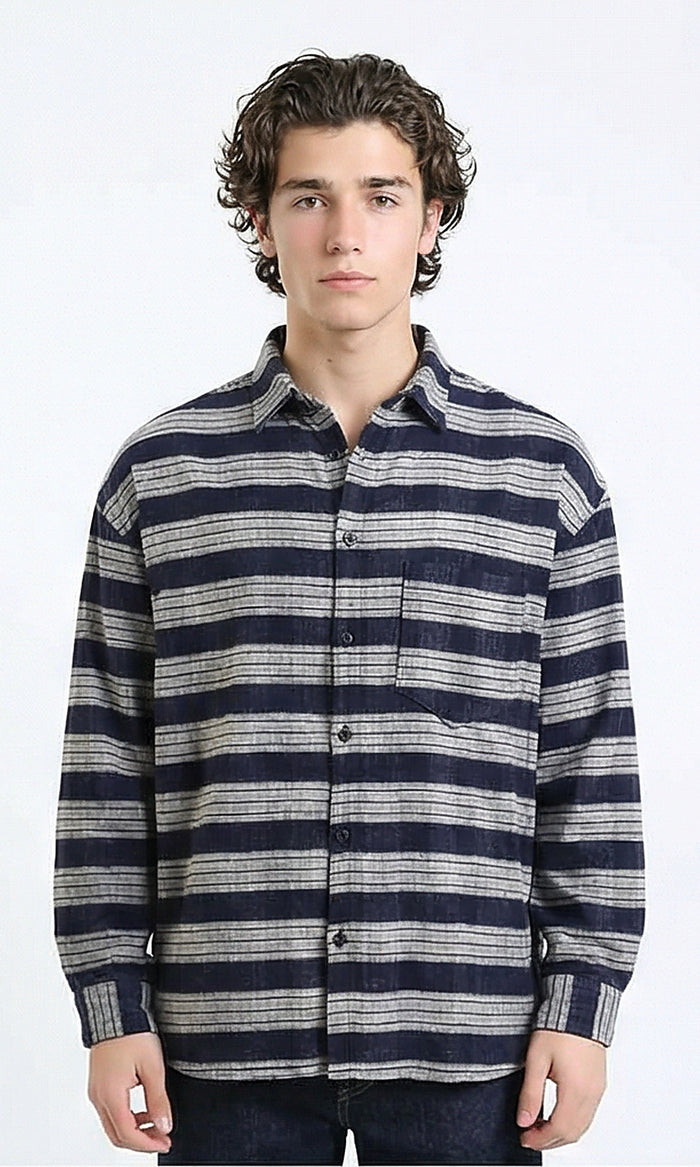 Plaid Winter Shirt with Front Pocket - Light Grey & Navy Blue