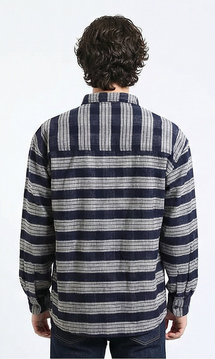 R215015 - Plaid Winter Shirt with Front Pocket - Light Grey & Navy Blue