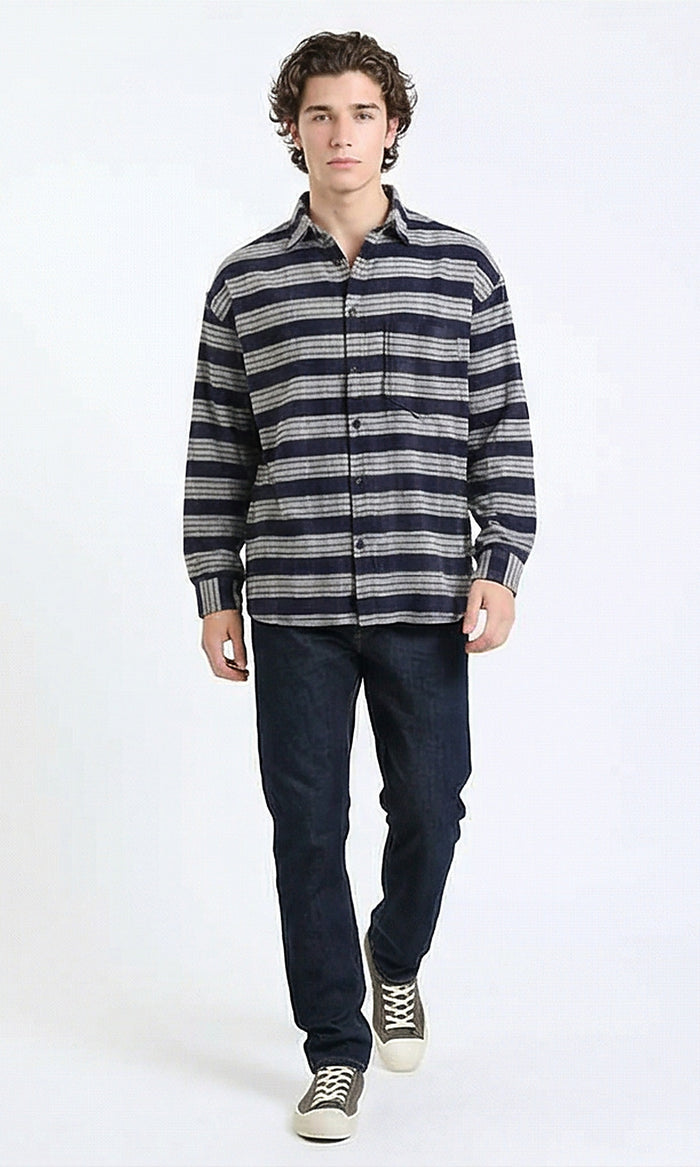 R215015 - Plaid Winter Shirt with Front Pocket - Light Grey & Navy Blue
