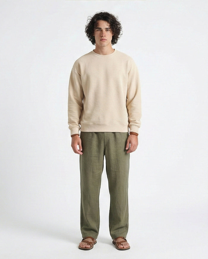 R215076 - Ribbed Diagonal Crew Neck Sweatshirt - Beige