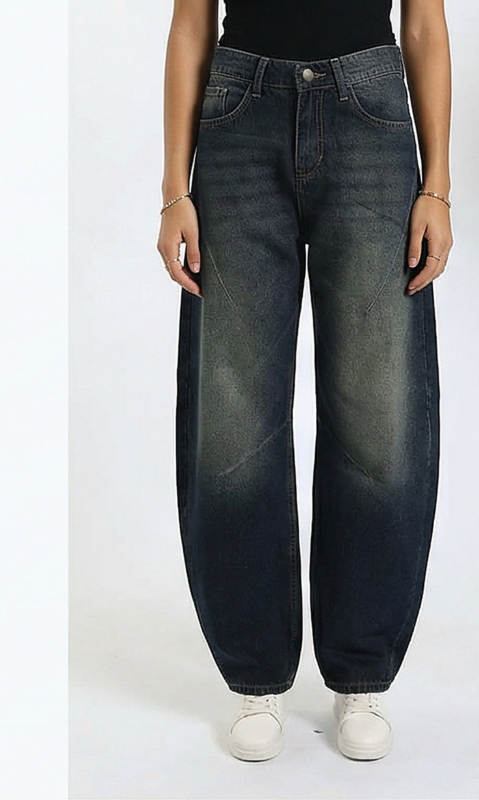 Casual Wide-Leg Washed Jeans - Navy Blue