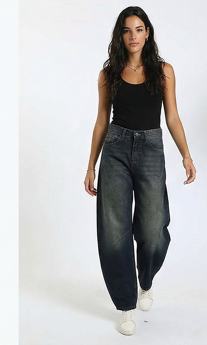 R215230 - Casual Wide-Leg Washed Jeans - Navy Blue