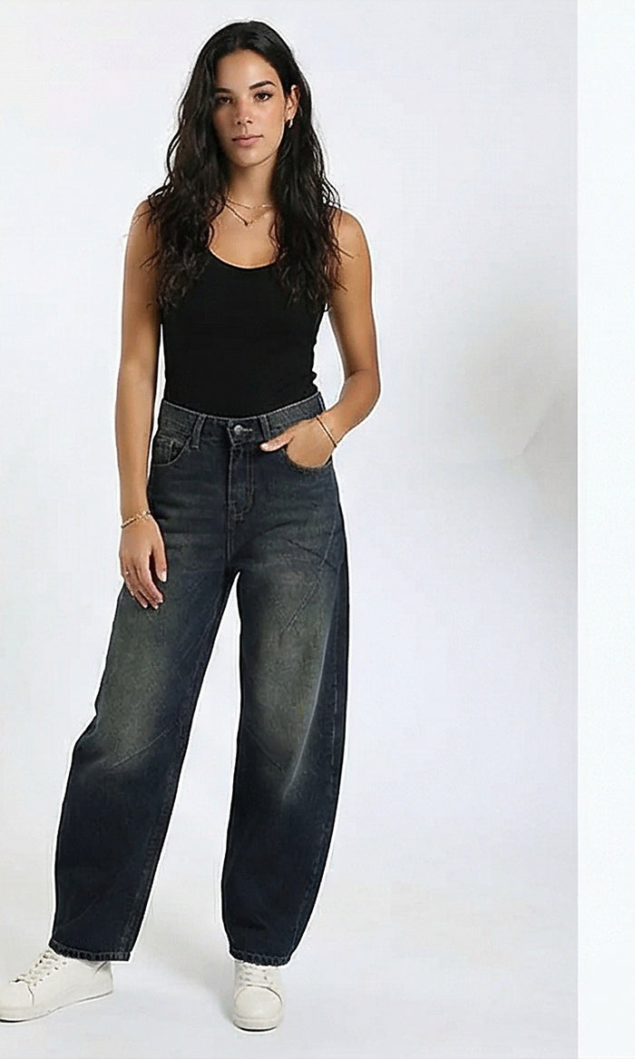 R215230 - Casual Wide-Leg Washed Jeans - Navy Blue