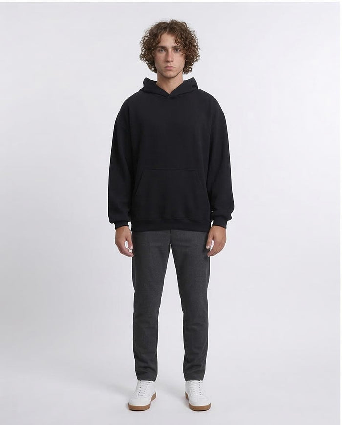R215236 - Ribbed Hoodie with Kangaroo Pocket - Black