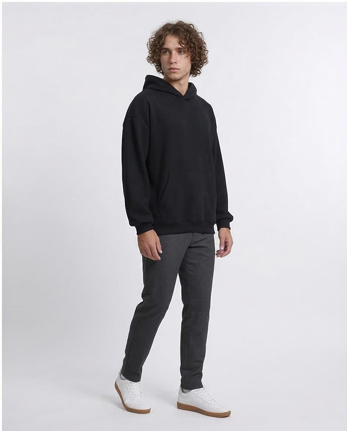 R215236 - Ribbed Hoodie with Kangaroo Pocket - Black
