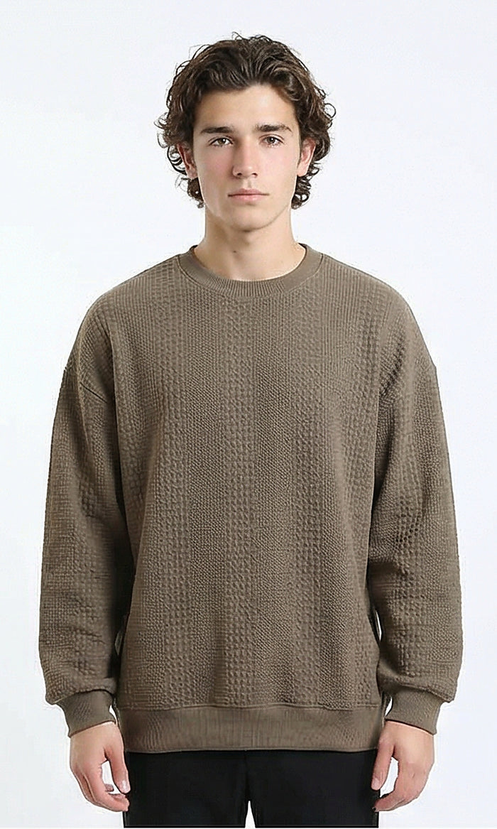 Relaxed Fit Textured Sweatshirt with Hem - Dark Coffee