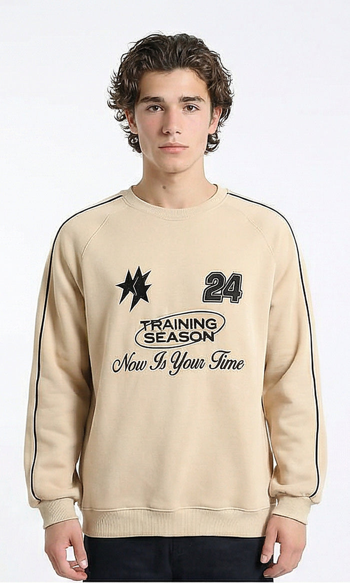 Ribbed Crew Neck Stitched Sweatshirt - Light Beige