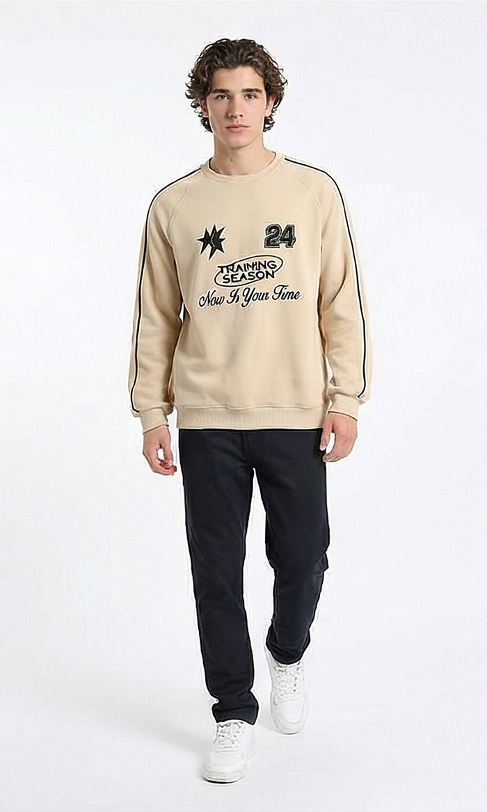 R215545 - Ribbed Crew Neck Stitched Sweatshirt - Light Beige