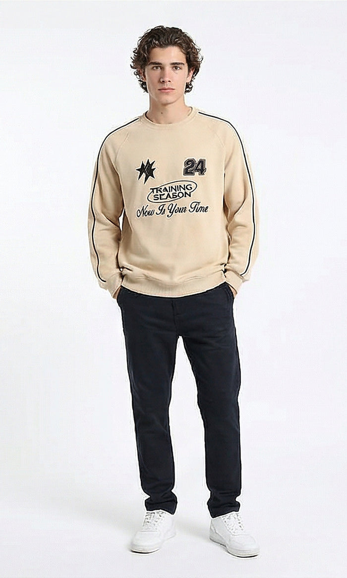 R215545 - Ribbed Crew Neck Stitched Sweatshirt - Light Beige