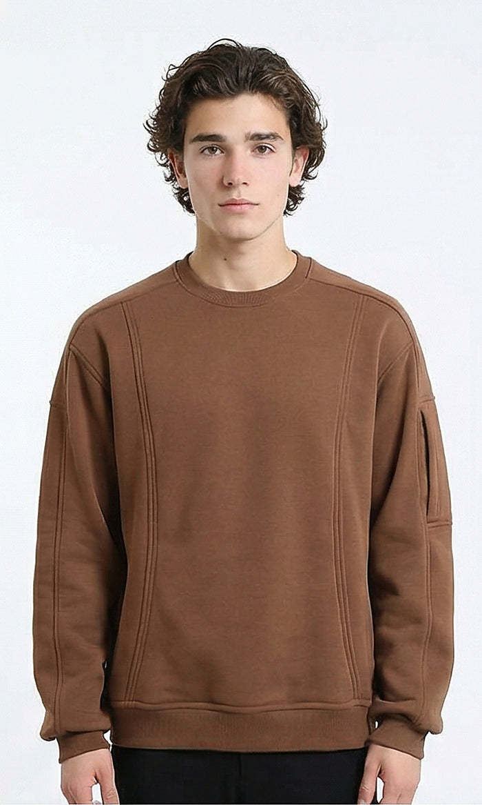 Slip On Comfy Sweatshirt with Sleeve Pocket - Brown