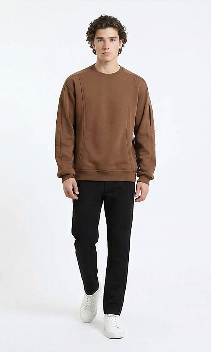 R215546 - Slip On Comfy Sweatshirt with Sleeve Pocket - Brown