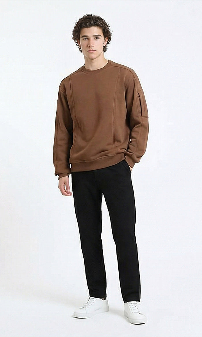 R215546 - Slip On Comfy Sweatshirt with Sleeve Pocket - Brown