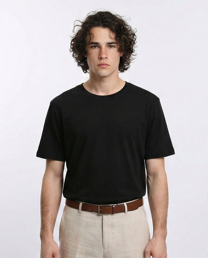 Elbow-Sleeves Cotton Relaxed Basic Tee - Black