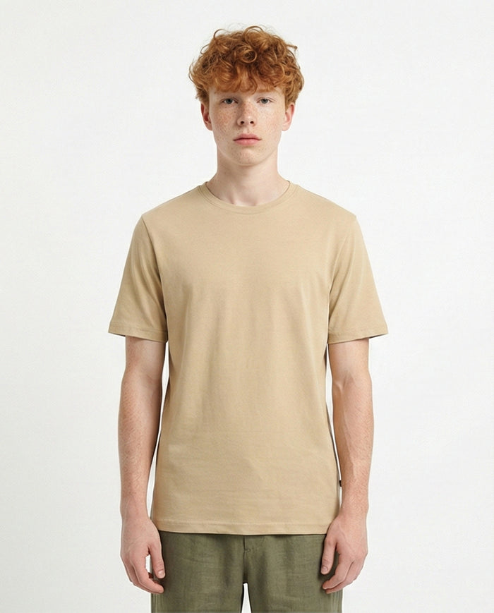 Solid Crew Neck Relaxed Fit Tee - Dark Beige
