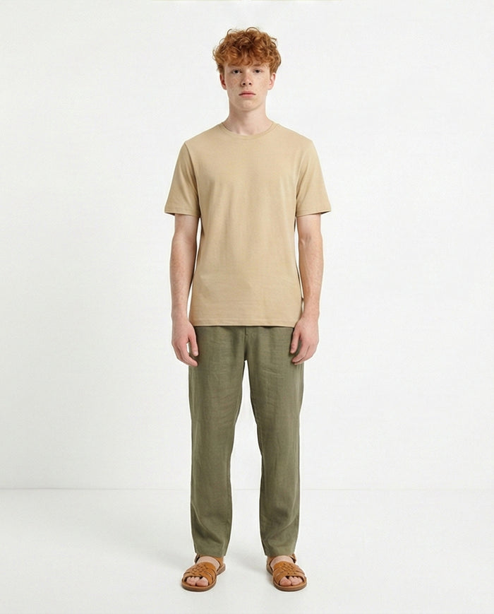 R216113 - Solid Crew Neck Relaxed Fit Tee - Dark Beige