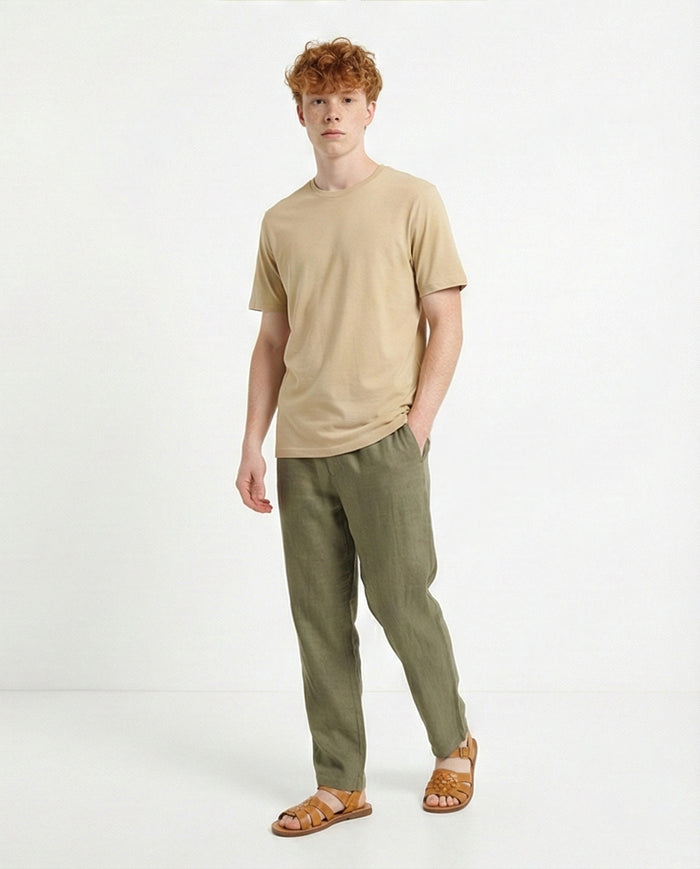 R216113 - Solid Crew Neck Relaxed Fit Tee - Dark Beige