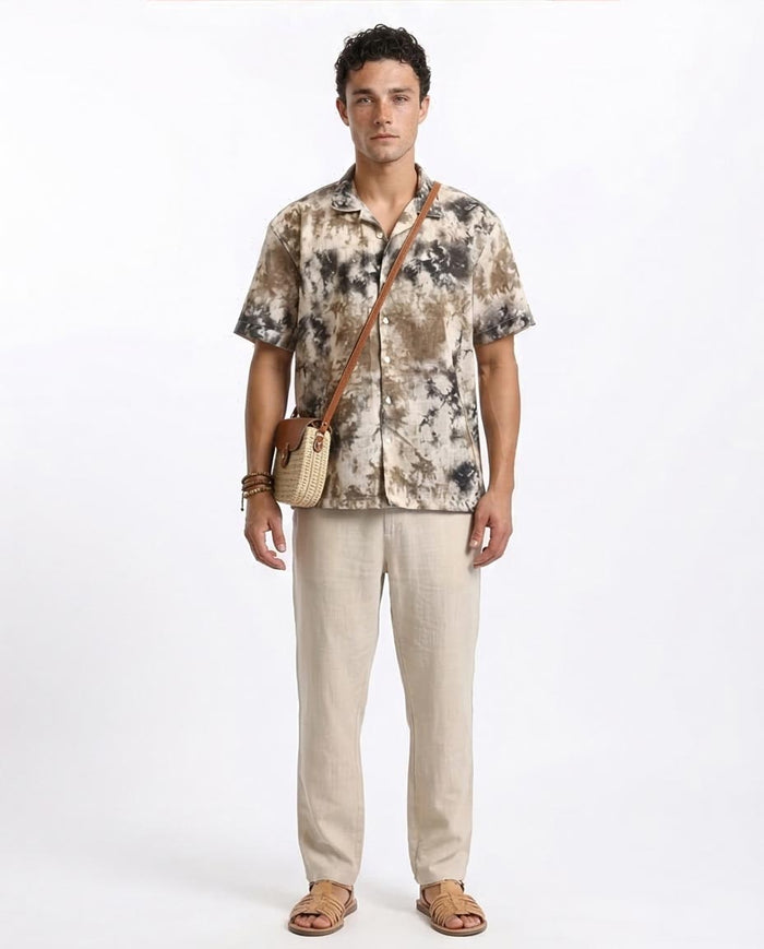 Ravin Abstract Marble Tie-Dye Camp Collar Shirt - Black & Brown - R204713