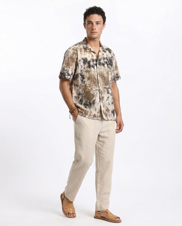 Ravin Abstract Marble Tie-Dye Camp Collar Shirt - Black & Brown - R204713