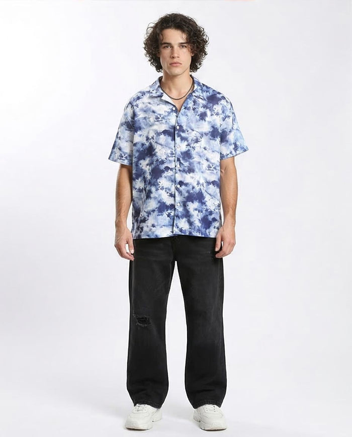 Ravin Blue Cloud-Wash Short Sleeve Resort Shirt- Navy Blue & Light Blue - R204710