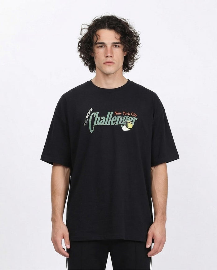 "challenger" Oversized Tennis Graphic T-Shirt - Black