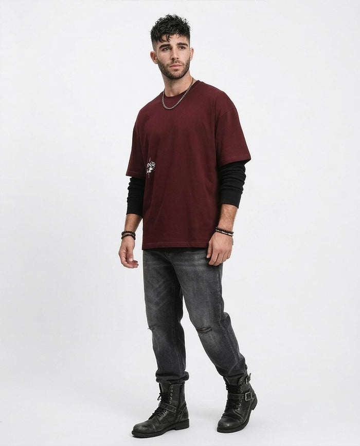 RAVIN "CORRUPT" Oversized Heavyweight Graphic T-Shirt – Burgundy - R212292
