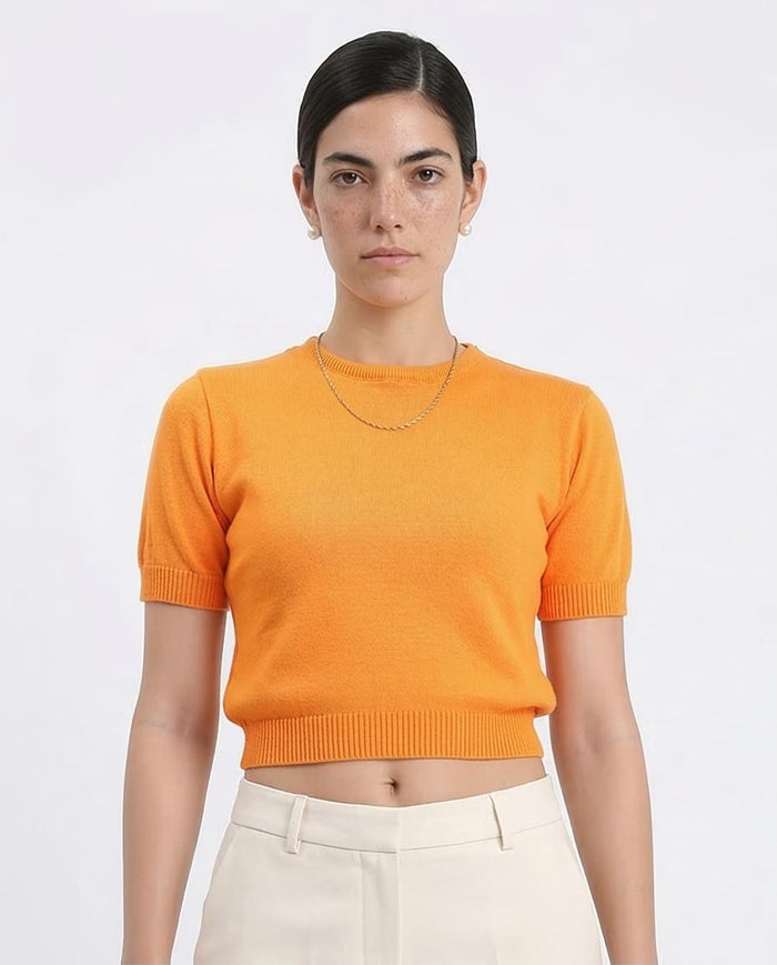 Cropped Crew-Neck Knit Top In Sunset Orange