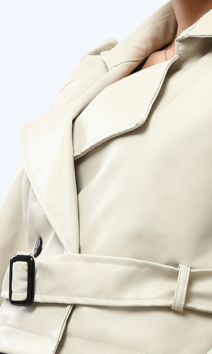 Ravin Cropped Faux-Leather Trench Jacket with Belted Waist and Cuffs – Cream - O194906