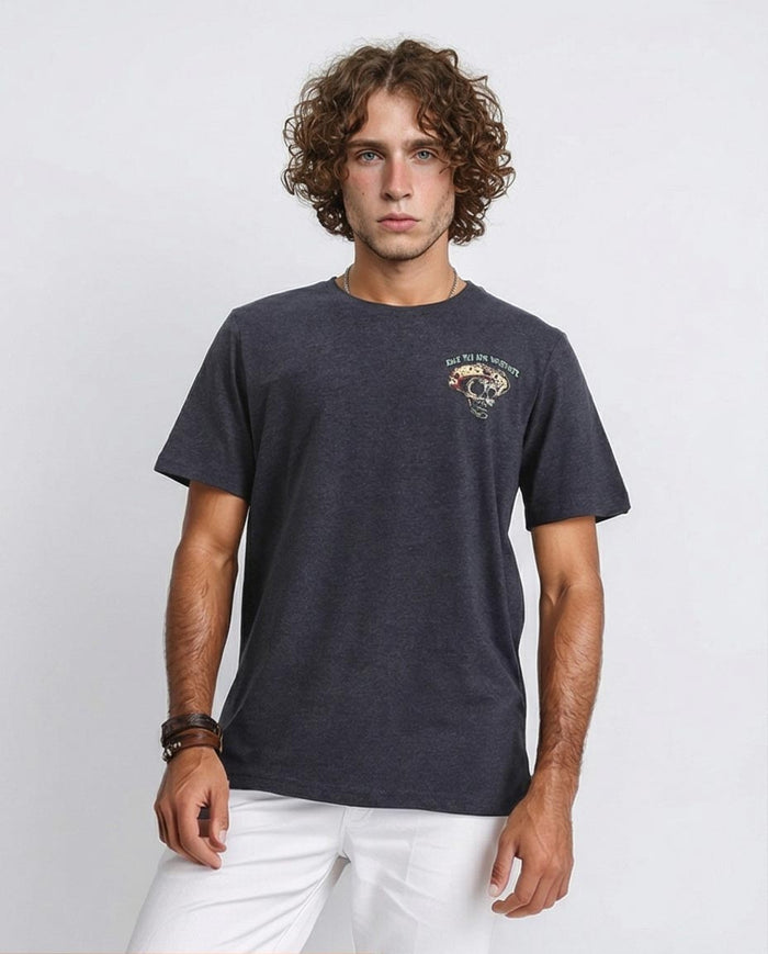 Man wearing a dark gray t-shirt with a graphic design on a white background