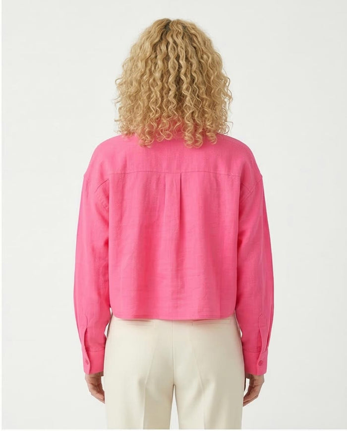 Ravin Electric Pink Cropped Button-Down | Textured Linen Blend - R206572