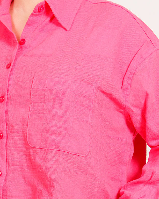 Ravin Electric Pink Cropped Button-Down | Textured Linen Blend - R206572