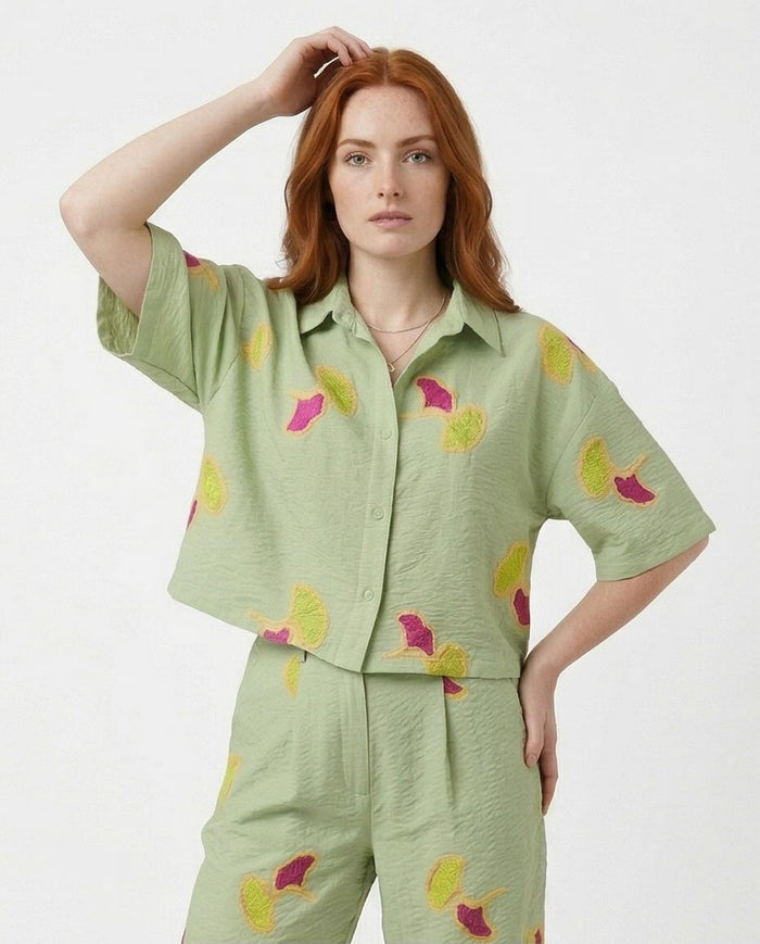 Ravin Embroidered Ginkgo Leaf Linen Shirt – Sage Green - R216948