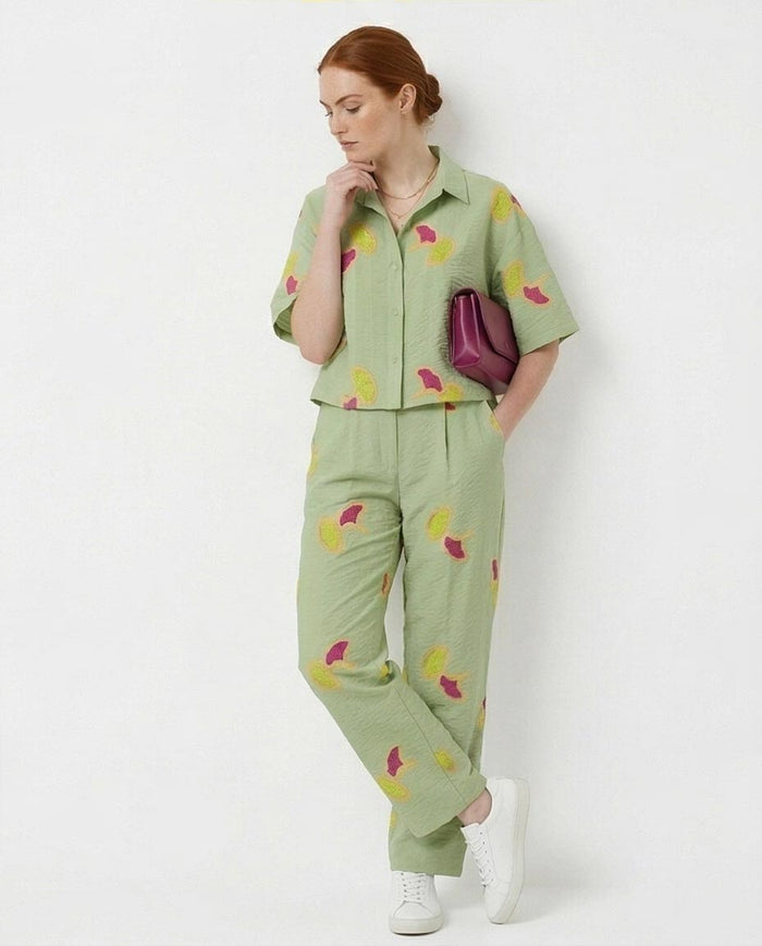 Ravin Embroidered Ginkgo Leaf Linen Shirt – Sage Green - R216948