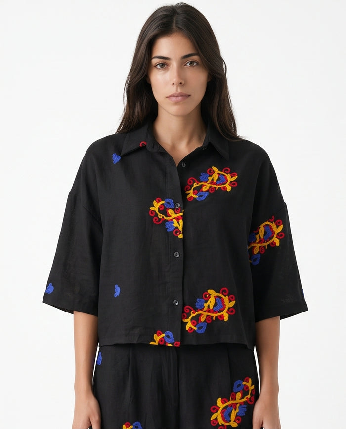 Ravin Embroidered Ginkgo Linen Cropped Shirt – Black - R216950